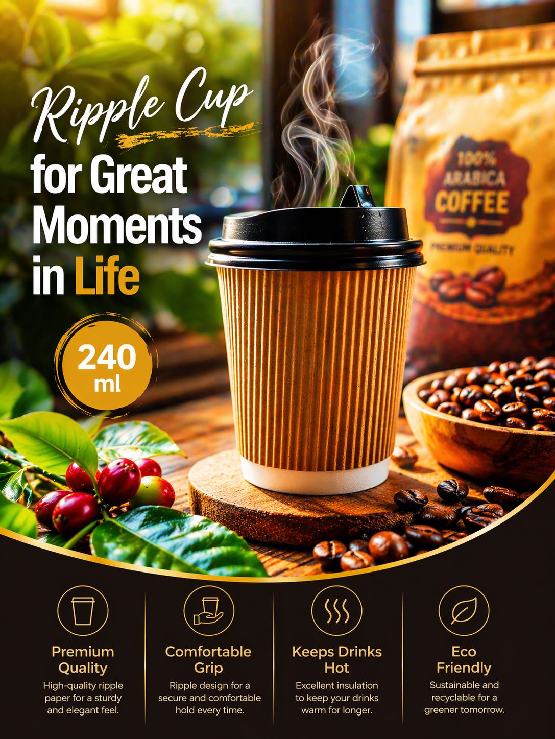 Ripple Paper Cup 240 ml ( 8 Oz ) for Hot and Cold Drinks 100 cups 
