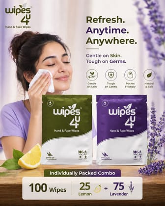 Wipes4u Individually Packed Face and Hand Wet Wipes Combo ( 25 Lemon  + 75 Lavender )