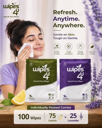Wipes4u Individually Packed Face and Hand Wet Wipes Combo ( 75 Lemon  + 25 Lavender )